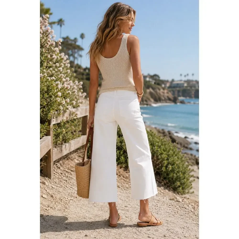 New J.Crew Wide Leg Crop White Denim Jeans Frayed Hem High Rise Capsule Size 30